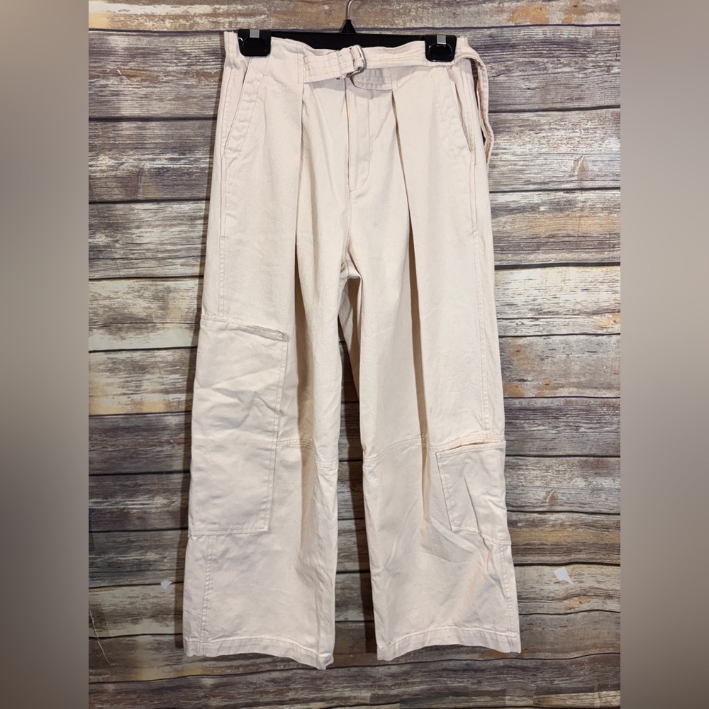 Zara Wide‎ Leg Carpenter Jeans XS 0 2 Belt Utility 90s Style Ivory High Waist